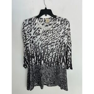 Jess & Jane Womens Black Cheetah Ombre Rhinestone 3/4 Sleeve Top HC4-536 Small